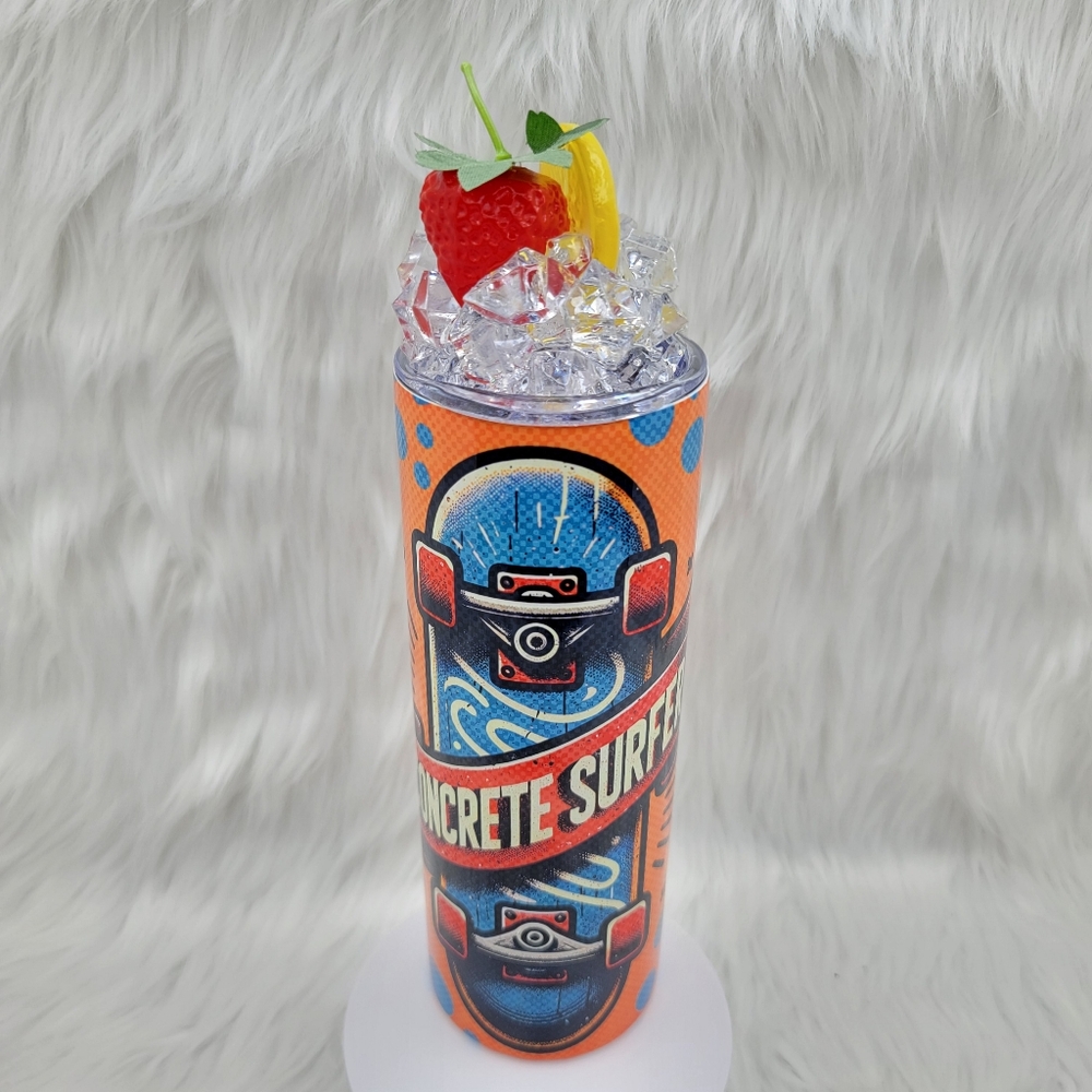 Skateboarding skinny tumbler drinking cup 20 Oz. with ice topper.